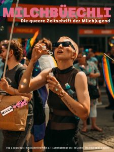 Titelseite Milchbüechli mit Szene an der Pride –Queere Person am Seifenblasen Machen