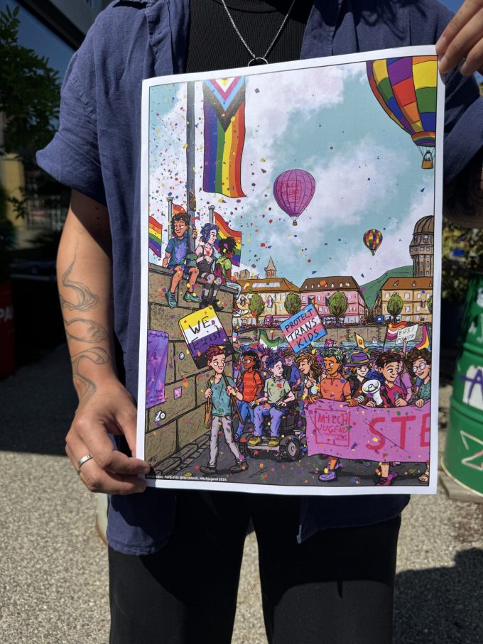 Bunte Zeichnung der Milchjugend-Gruppe am Pride-Umzug am Limmatquai in Zürich