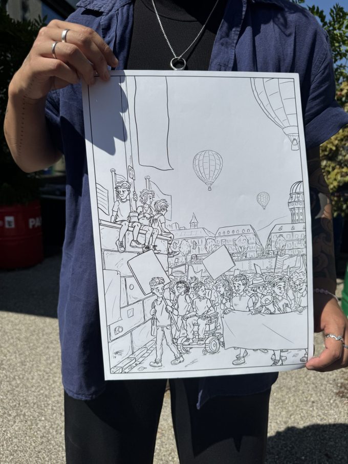 Schwarz-weisse Zeichnung der Milchjugend-Gruppe am Pride-Umzug am Limmatquai in Zürich